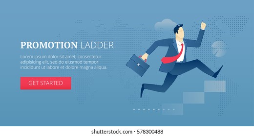 Vector banner template of businessman character in suit and tie running towards the goal. Vector concept for banners, infographics or landing pages of website.