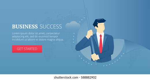 Vector banner template of businessman character holding a big flaunting metaphoric flag. Vector concept for internet banners, social media banners, headers of websites and more