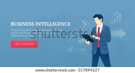 Vector banner template of businessman standing with a tablet PC and analysing business. Vector concept for internet banners, social media banners, headers of websites and more