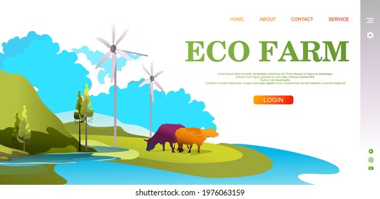 Vector banner template cartoon wildlife landscape summer meadows with hills, farm pastures, organic animal husbandry, horizontal illustration for home landing page or website