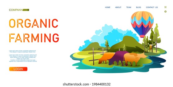 Vector banner template cartoon wildlife landscape summer meadows with hills, farm pastures, organic animal husbandry, horizontal illustration for home landing page or website