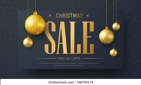 Vector banner template for Christmas sale. The design of the header with a black background, gold text and Christmas balls floating in the air.