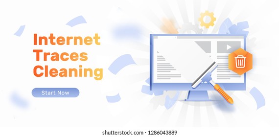 Vector banner template of cleansing internet traces. Big window wiper cleaning monitor screen.