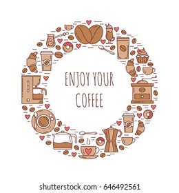 Vector banner template with  coffee making symbols in trendy linear style