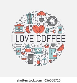Vector banner template with coffee making symbols in trendy linear style. I love coffee poster