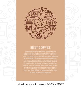 Vector banner template with coffee making symbols in trendy linear style,editable strokes