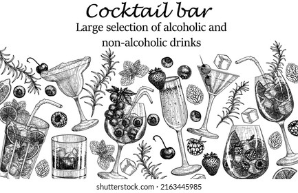 Vector banner template of cold drinks in glasses in engraving style. Graphic linear aperol spritz, mojito, strawberry champagne, berry cocktail, martini, iced whiskey, cherry margarita