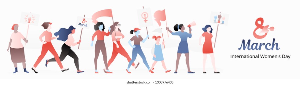 Vector banner template of color independent women marching and handling megaphone and flags. Modern flat design concept for March 8 celebrations.