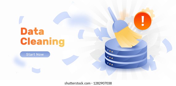 Vector banner template of database cleansing alert. Alert sign, big brush or broom cleaning up database.