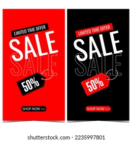 Vector banner template design for sale and discount announcement and promotion with label or tag indicating 50 percent price reduction on black and red background. Ready to print illustration.