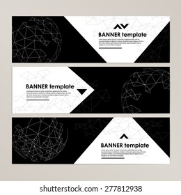 Vector banner template design with spherical and polygonal elements.