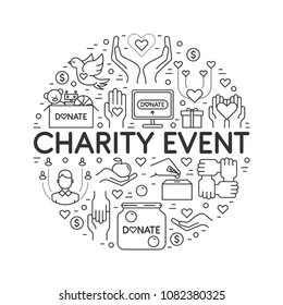 Vector banner template with different charity and donation symbols, made in a shape of circle