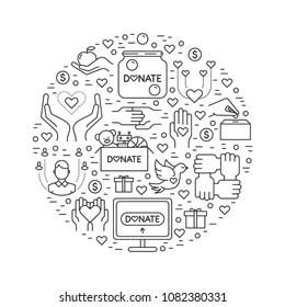 Vector banner template with different charity and donation symbols, made in a shape of circle