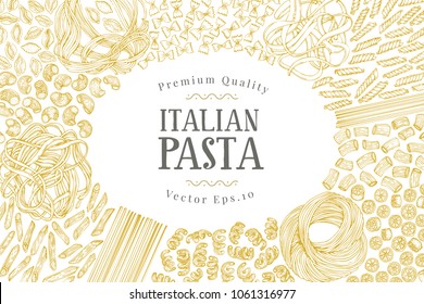 Vector banner template with different types of traditional Italian pasta. Hand drawn background. Can be use for menu or packaging design. Italian cuisine illustration.