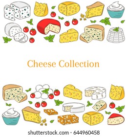 Vector banner template with different types of cheese, Mozzarella, Swiss Cheese, Gouda, Roquefort, Parmesan, Gorgonzola, Mascarpone, Brie, Ricotta, Camembert, hand drawn colored sketch illustration.