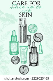 Vector banner template with discounts for natural skincare cosmetics in engraving style. Cream, patches, serum, medicinal plants