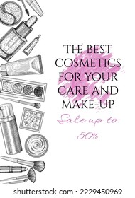 Plantilla de banner vectorial con descuentos para el cuidado de la piel y cosméticos de maquillaje en estilo de grabado. Crema, parches, suero, sombras, rímel, lápiz labial, rubor, cepillos