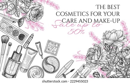 Vector banner template with discounts for skincare and make-up cosmetics in engraving style. Cream, patches, serum, shadows, mascara, lipstick, blush, brushes, rose and lavender flowers