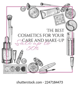 Vector banner template with discounts for skincare and make-up cosmetics. Linear graphic cream, patches, serum, shadows, mascara, lipstick, blush, brushes, powder