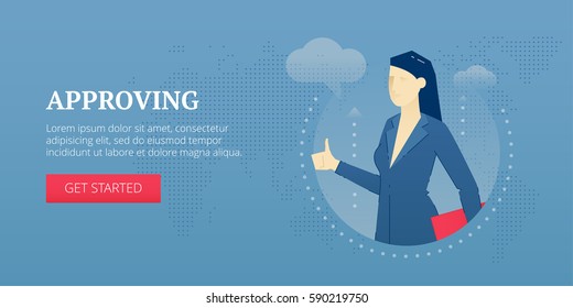 Vector banner template of an endorsing female chief character shows thumb up. Vector concept for internet banners, social media banners, headers of websites, print design and more