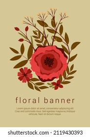 Vector banner template with floral composition. Isolated illustration elements of flowers, peony, berries, plants, leaves in romantic vintage style. For wedding invitation, card, postcard, cover.