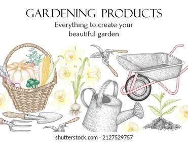 Vector Banner Template For Gardening. Graphic Linear Watering Can, Garden Rake And Shovel, Sprout In The Soil, Daffodil Flower Seedling, Basket With Harvest, Pruner, Garden Wheelbarrow