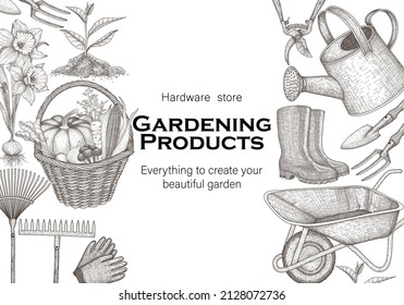 Vector banner template for gardening. Graphic linear watering can, garden rake and shovel, rubber boots, household gloves, daffodil seedling, sprout, wheelbarrow, pruner