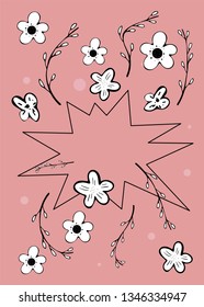 Vector banner template with geometric star shape frame and flowers design elements. 