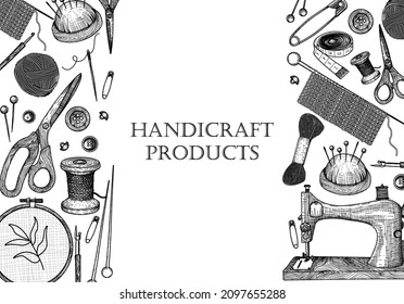 Vector banner template graphic linear handicraft products. Sewing machine, needle, thread on a spool and on balls, floss, embroidery, knitting needles and crochet hook, scissors, pin, hairpin