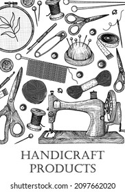 Vector banner template graphic linear products for needlework, hobbies. Embroidery, crocheting and knitting, sewing, tailoring and restoration. Threads, needles, sewing machine, scissors