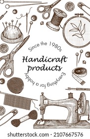 Plantilla de pancarta vectorial productos lineales gráficos para hobbies, costura, bordado y tejido.Máquina de coser, hilo, agujas, peinados, pastillas, tijeras, gancho de punto, agujas de punto, bordado