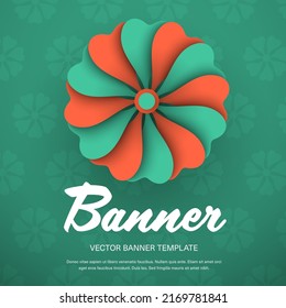 Vector banner template with green, orange flower, postcard with design isolated on background with pattern. Illustration with blooming decor. Gift card for message, newsletter, email.