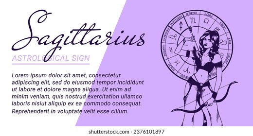 Vector banner or template with hand drawn monochrome illustration of beautiful woman. Concept of zodiac and astrological sign.