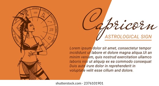 Banner vectorial o plantilla con ilustración monocromática a mano de una mujer hermosa. Concepto de zodiaco y signo astrológico.