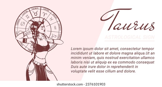 Vector banner or template with hand drawn monochrome illustration of beautiful woman. Concept of zodiac and astrological sign.