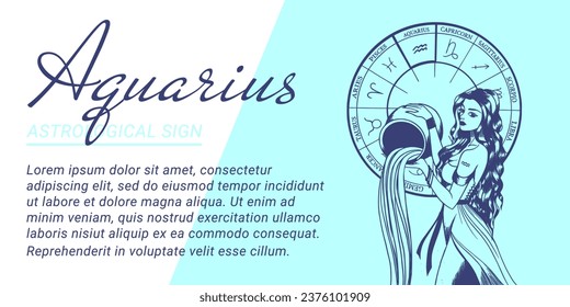 Vector banner or template with hand drawn monochrome illustration of beautiful woman. Concept of zodiac and astrological sign.