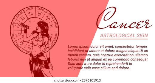 Banner vectorial o plantilla con ilustración monocromática a mano de una mujer hermosa. Concepto de zodiaco y signo astrológico.