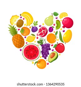 Vector banner template heart shaped with cartoon fruits. Colorful concept healthy food icon isolated on white used for magazine, book, poster, card, menu cover, web pages.