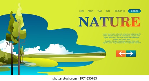 Vector banner template for home landing page, cartoon wild nature landscape summer meadows with hills, horizontal illustration design