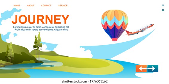 Vector banner template for home landing page, abstract background, wilderness landscape summer meadows with hills, design horizontal illustration isolated