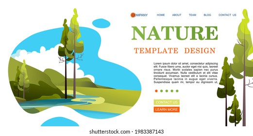 Vector banner template for home landing page, abstract background, wilderness landscape summer meadows with hills, design horizontal illustration isolated