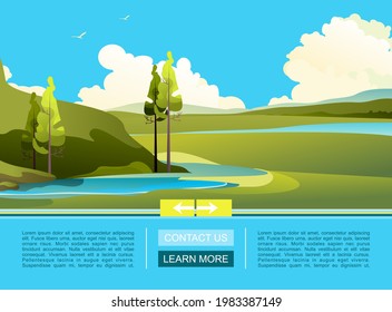 Vector banner template for home landing page, cartoon wild nature landscape summer meadows with hills, horizontal illustration design