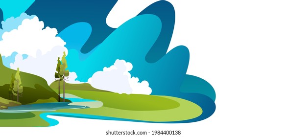 Vector banner template for home landing page, abstract background, wilderness landscape summer meadows with hills, design horizontal illustration isolated