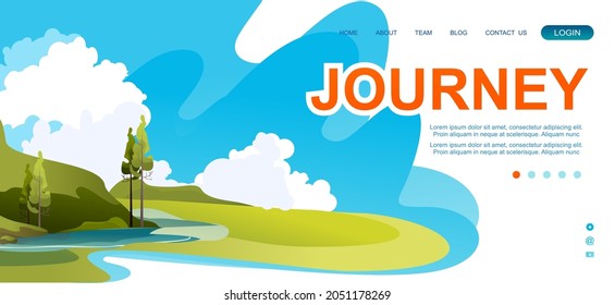 Vector banner template for home landing page, abstract background, wilderness landscape summer meadows with hills, design horizontal illustration isolated