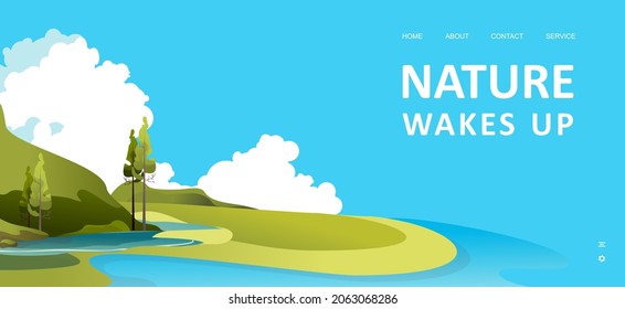 Vector banner template for home landing page, cartoon wild nature landscape summer meadows with hills, horizontal illustration design
