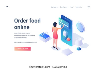 Vector banner template with isometric female character using smartphone and credit card to order food online isolated on white background