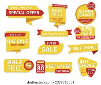 Etiquetas de plantillas de banner para vectores - Oferta especial, mejor precio, superdescuento, venta masiva, superventa, mejor elección, precio a la mitad, mejor oferta