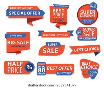 Vector Banner Template labels - Special Offer, Best Price, Super Discount, Big Sale, Super Sale, Best Choice, Half Price, Best Offer. Color combinations Orange and Blue