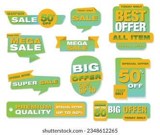 Vector Banner Template labels - Super Sale, Today Only, Best Offer, Mega Sale, Special Offer, Big Offer, Premium Quality, Discount up to 50 percent. Vector illustration. Isolated in white background.