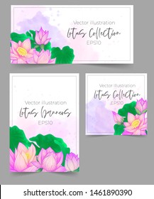 Vector Banner template with lotus flowers, blossom botton and leaves hand draw illustration with watercolor imitation. Brochure with water lily art and paint splash in pink colors 